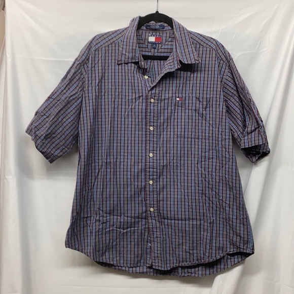 Tommy Hilfiger Mens Shirt XL Short Sleeve Button Down Blue Plaid - Picture 1 of 4